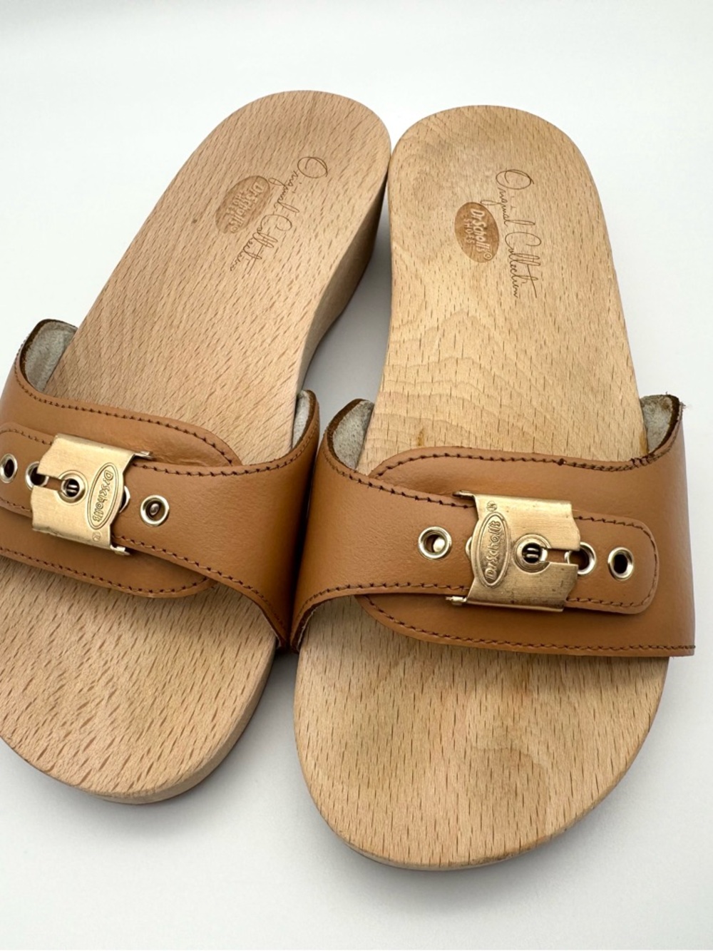 Dr Scholls Original Wooden Exercise Sandal Clog Tan Gold Made in Italy Size 7 M